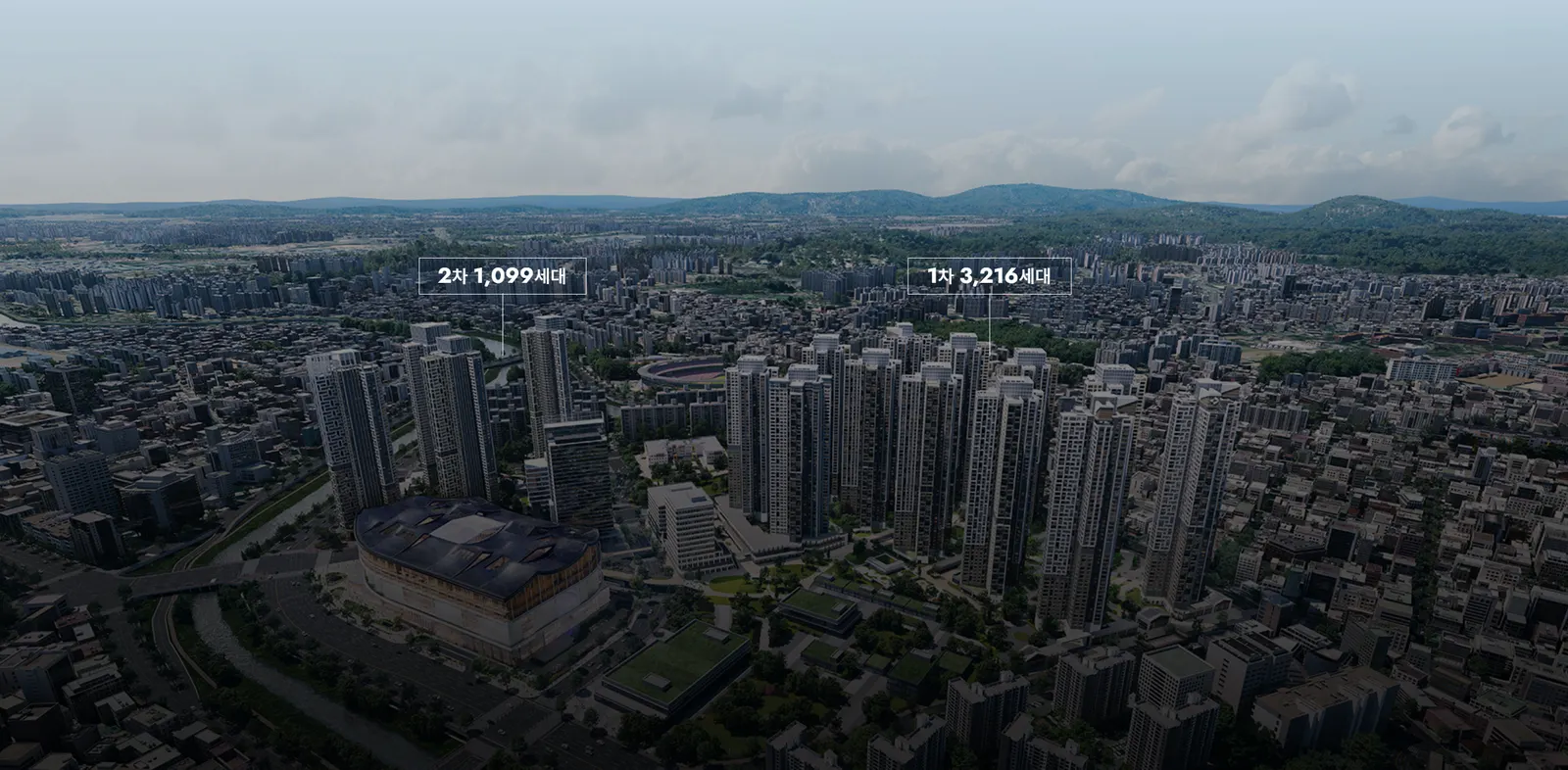 올뉴챔피언스시티 광역 조감도 — 1차 3,216세대와 2차 1,099세대 위치 표시